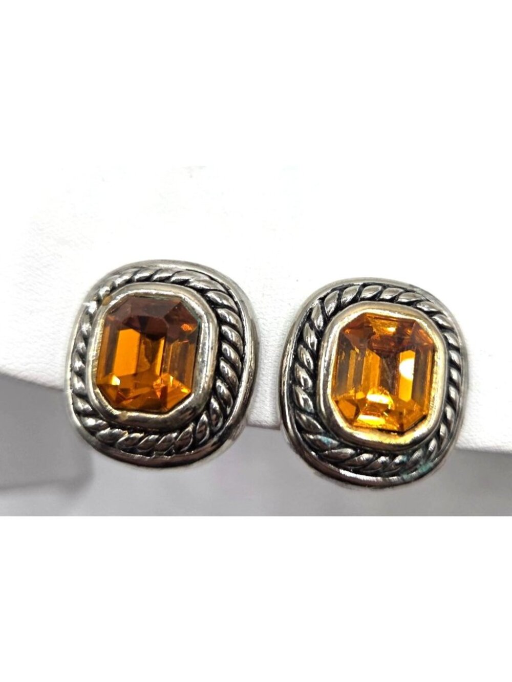 Faux Citrine and Antique Silver Tone Clip On Earrings, Rope Border